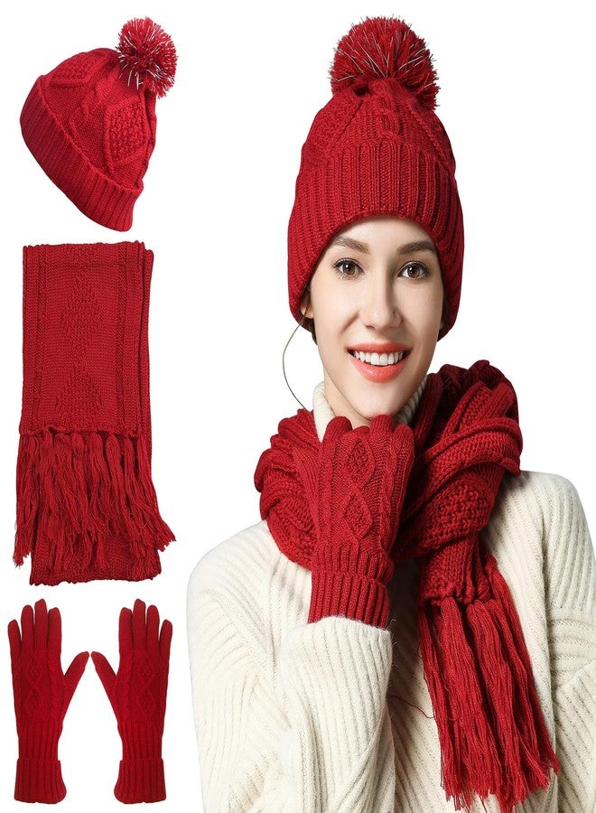 OROOTL Winter Scarf Gloves and Hat Set for Women, Beanie Hat Long Scarf Touchscreen Gloves, Warm 3 in 1 Set for Womens Girls Red - Image 1